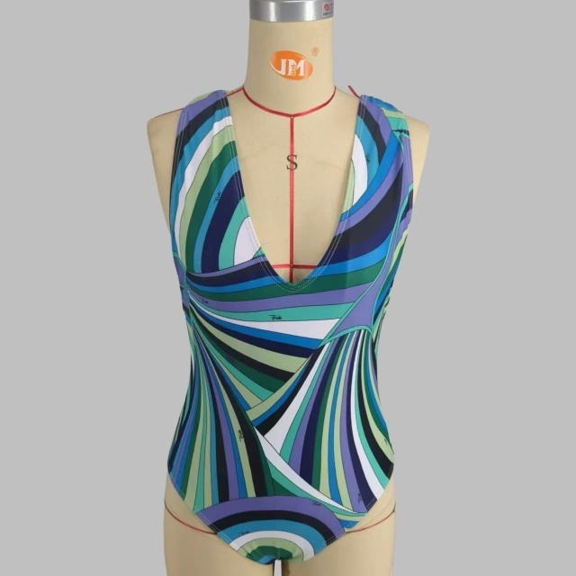 Contrast Printed V Neck One Piece Swimwear Scarf Set
