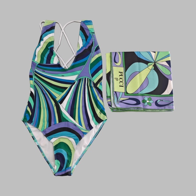 Contrast Printed V Neck One Piece Swimwear Scarf Set