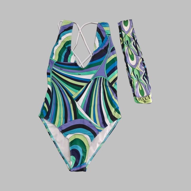 Contrast Printed V Neck One Piece Swimwear Scarf Set