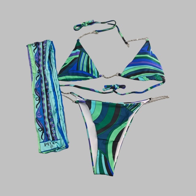 Green Fashion Printed Bikinis Set with Scarf