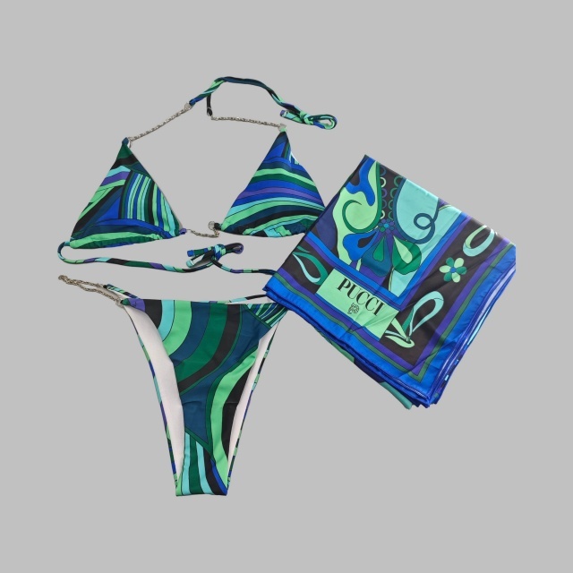 Green Fashion Printed Bikinis Set with Scarf