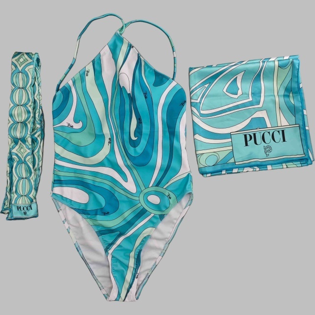 Halter Backless One Piece Swimwear Scarf Set