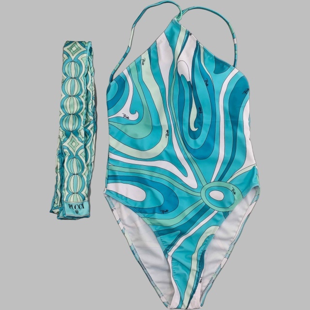 Halter Backless One Piece Swimwear Scarf Set