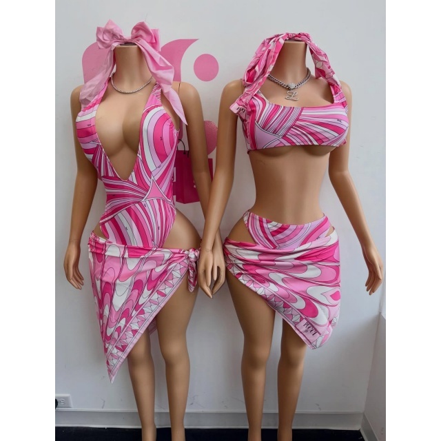 Beachwear Pink Tankinis Bikinis Set with Scarf