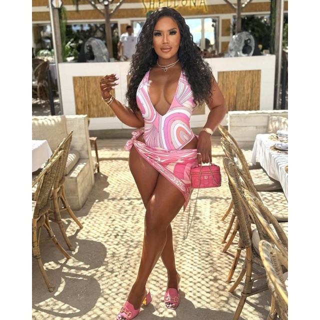 Pink Printed One Piece Swimsuit Scarf Set