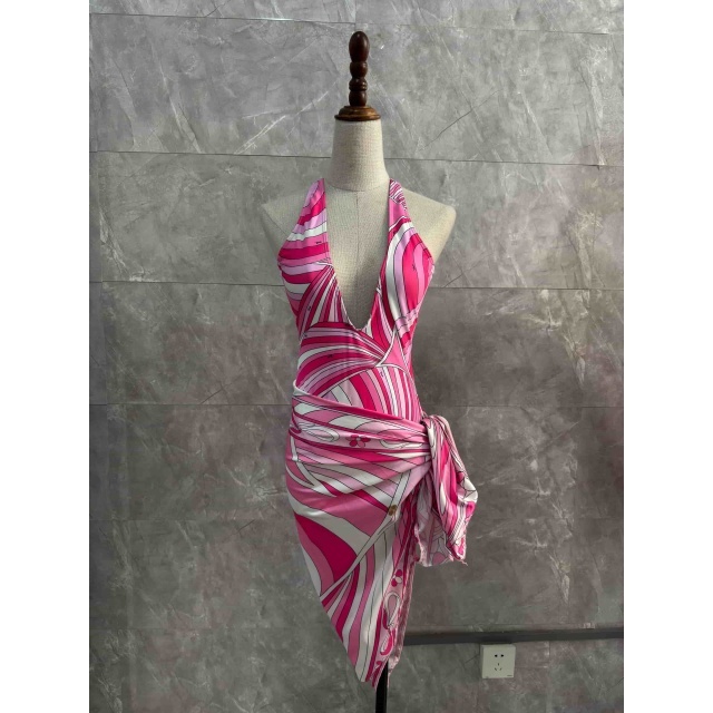 Pink Printed One Piece Swimsuit Scarf Set