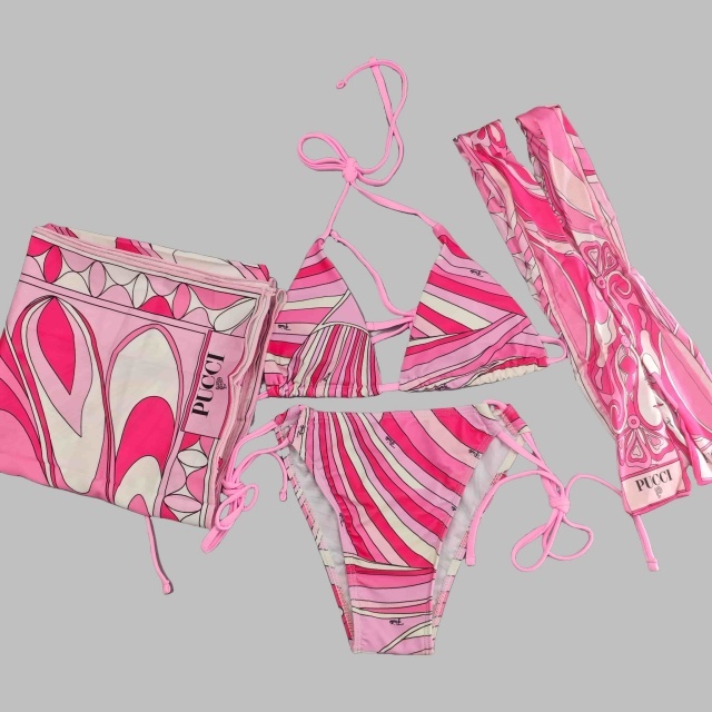 Pink Striped Printed Bikinis Scarf Set