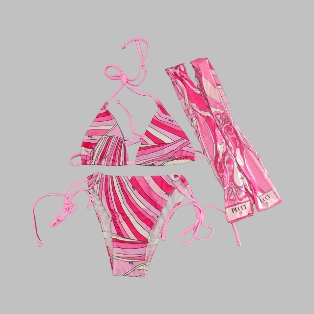 Pink Striped Printed Bikinis Scarf Set
