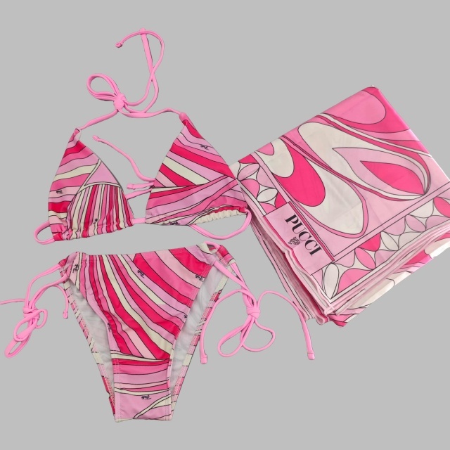 Pink Striped Printed Bikinis Scarf Set