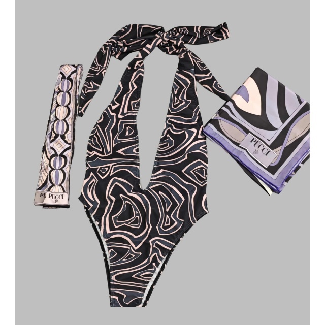 Plunging V Neck Halter Swimsuit Scarf Set