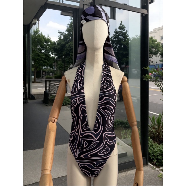 Plunging V Neck Halter Swimsuit Scarf Set