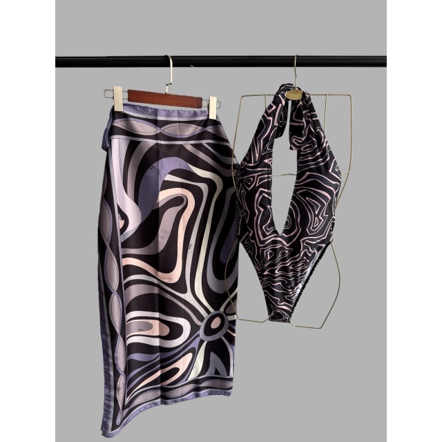 Plunging V Neck Halter Swimsuit Scarf Set
