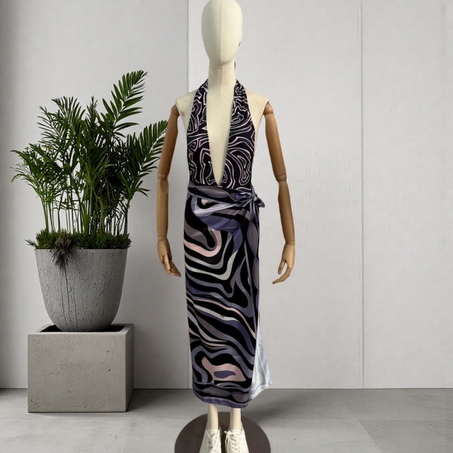 Plunging V Neck Halter Swimsuit Scarf Set