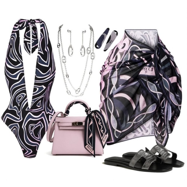 Plunging V Neck Halter Swimsuit Scarf Set