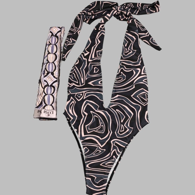 Plunging V Neck Halter Swimsuit Scarf Set