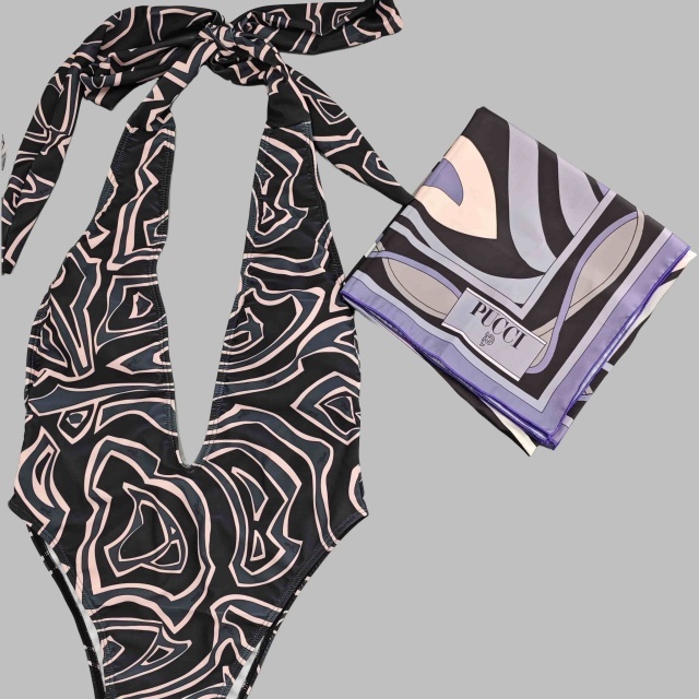 Plunging V Neck Halter Swimsuit Scarf Set
