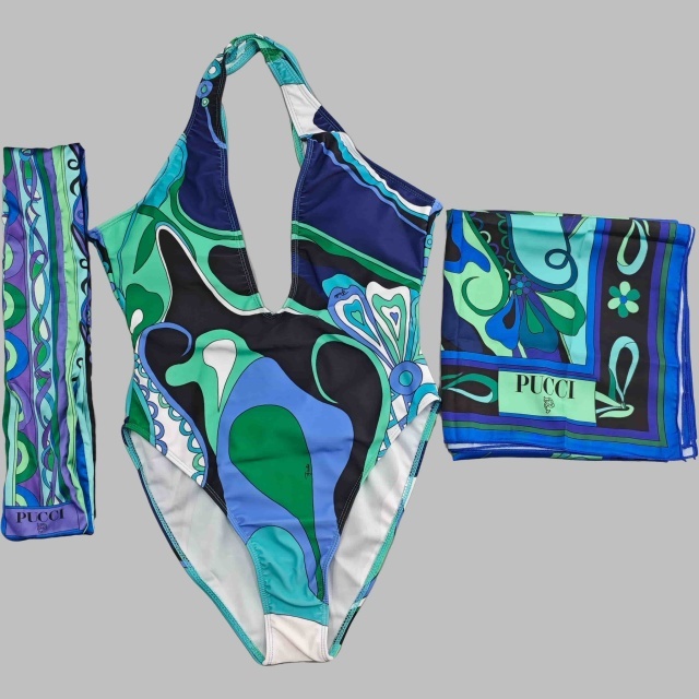 Plunging V Neck One Piece Swimwear Scarf Set