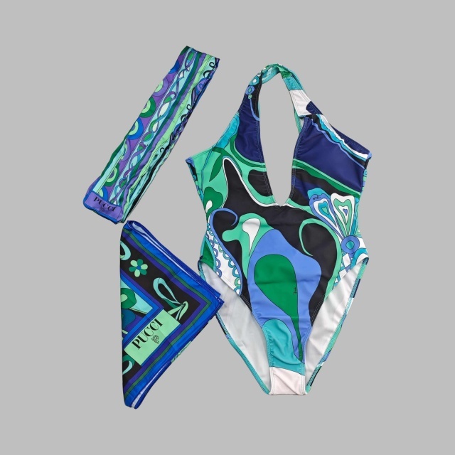 Plunging V Neck One Piece Swimwear Scarf Set