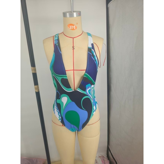 Plunging V Neck One Piece Swimwear Scarf Set