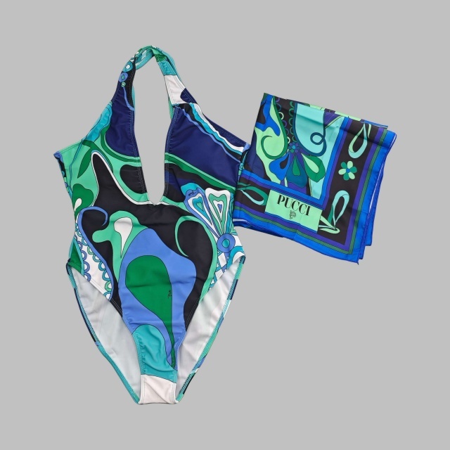 Plunging V Neck One Piece Swimwear Scarf Set
