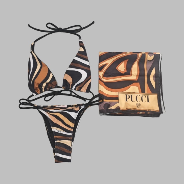 Printed Laced-up Bikinis Set with Scarf
