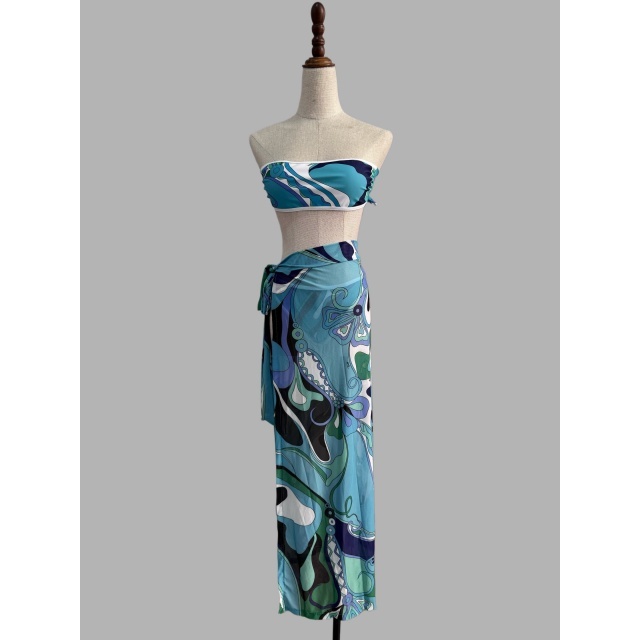Printed Tube Top Swimwear Set with Scarf