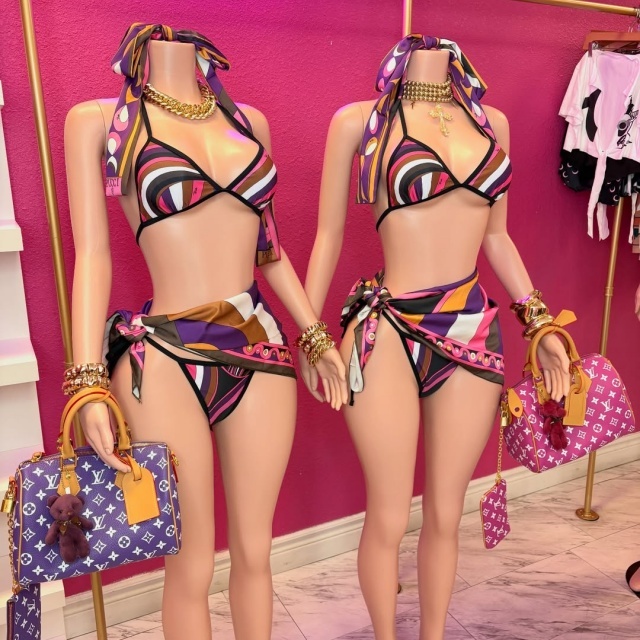 Purple Split Bikinis Set Swimwear with Headscarf