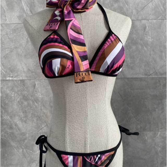 Purple Split Bikinis Set Swimwear with Headscarf