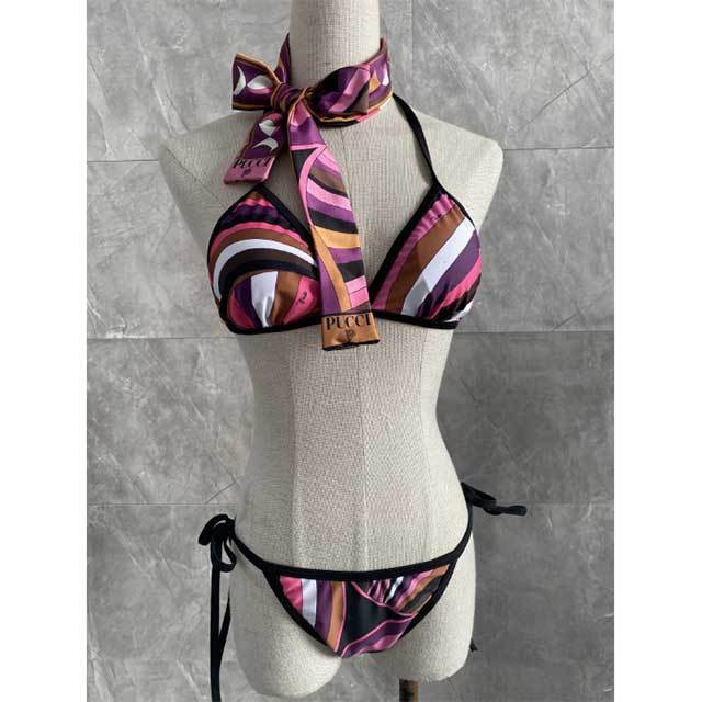 Purple Split Bikinis Set Swimwear with Headscarf