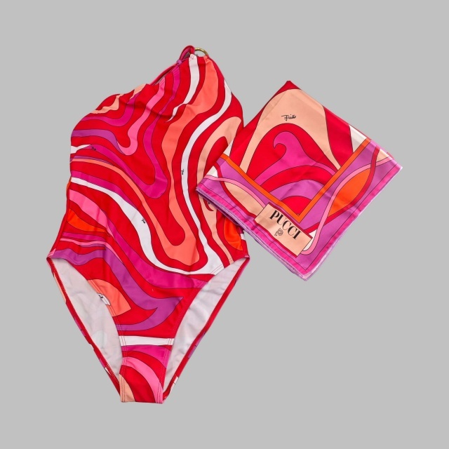 Red Printed Fashion Single Shoulder Swimsuit Scarf Set