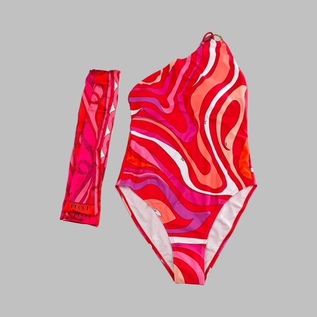 Red Printed Fashion Single Shoulder Swimsuit Scarf Set