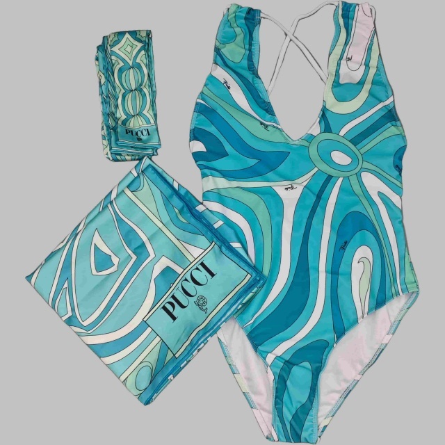 V Neck Printed One Piece Swimwear Scarf Set