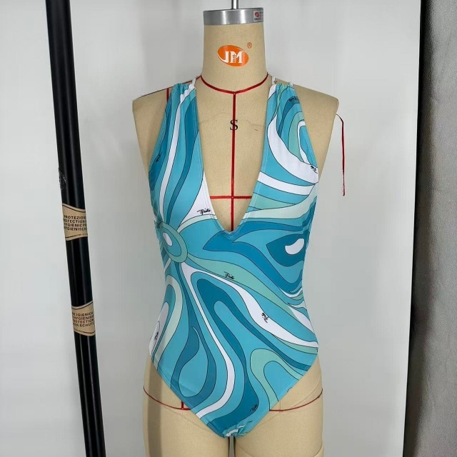 V Neck Printed One Piece Swimwear Scarf Set
