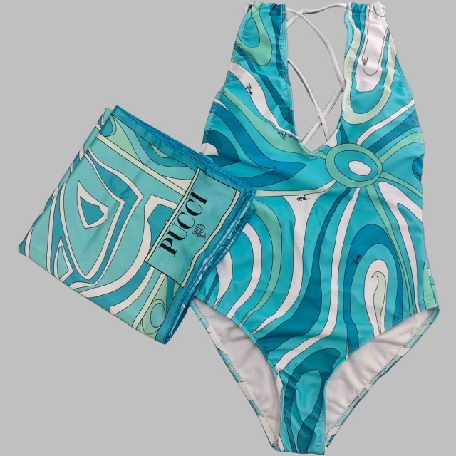 V Neck Printed One Piece Swimwear Scarf Set