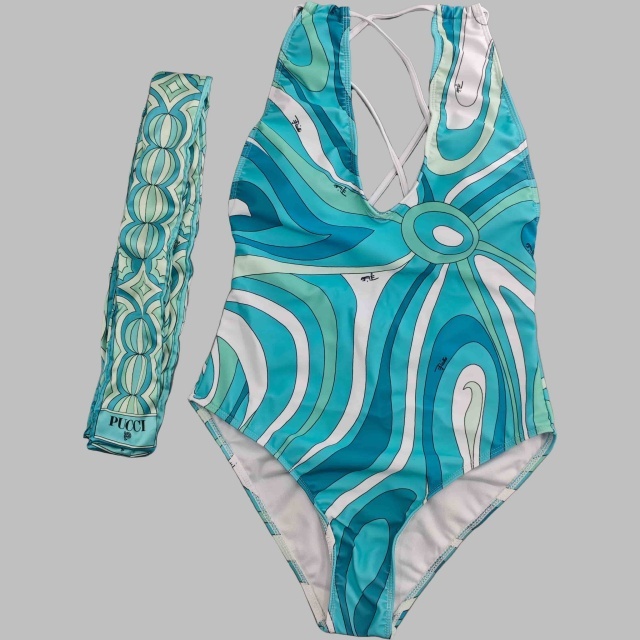 V Neck Printed One Piece Swimwear Scarf Set