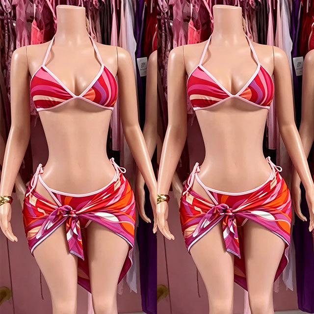 Contrast Color Printed Bikinis Scarf Set