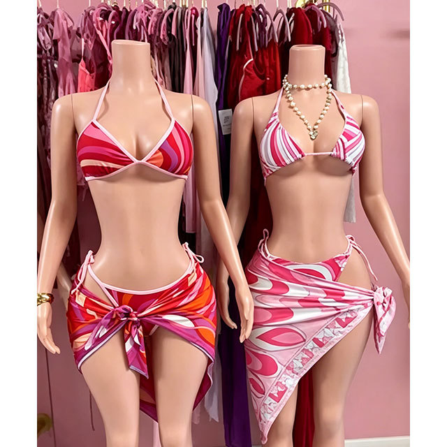 Contrast Color Printed Bikinis Scarf Set