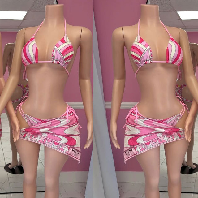 Pink Striped Printed Bikinis Scarf Set