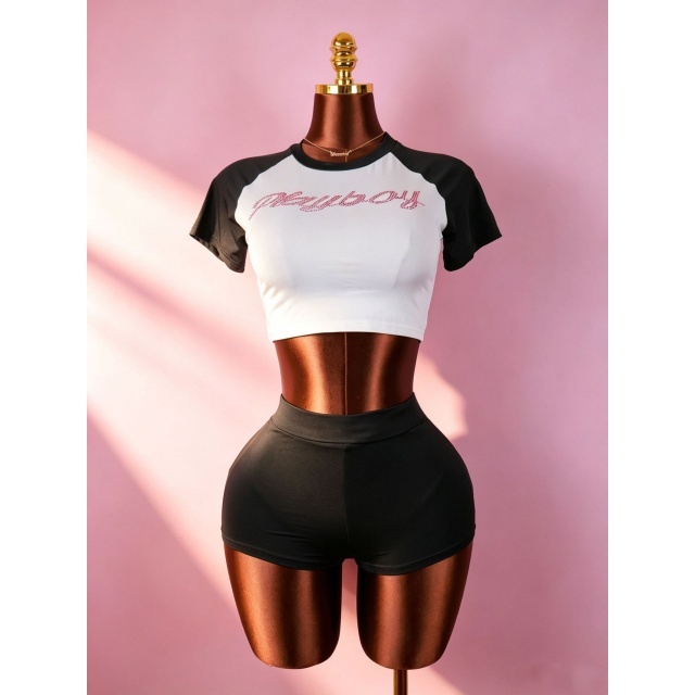 Color Block Rhinestoned Letters Short Set