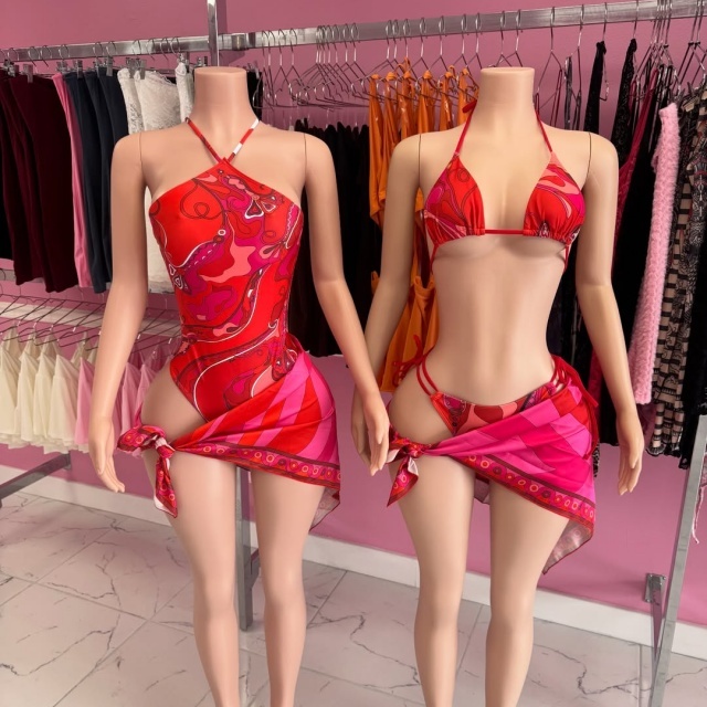 Halter Neck Printed One Piece Swimsuit Scarf Set