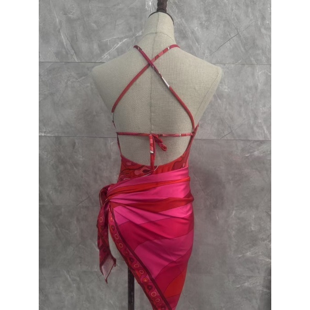 Halter Neck Printed One Piece Swimsuit Scarf Set
