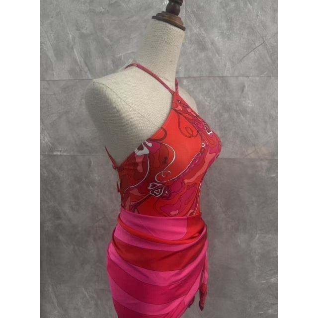 Halter Neck Printed One Piece Swimsuit Scarf Set