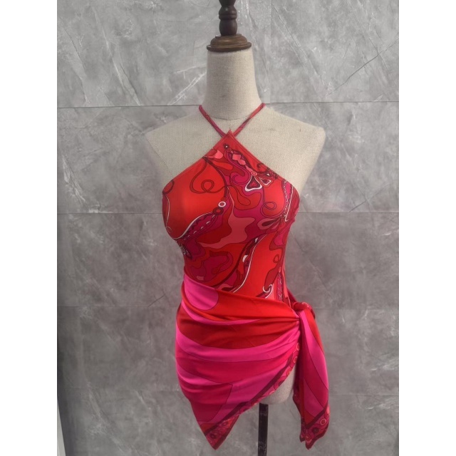 Halter Neck Printed One Piece Swimsuit Scarf Set
