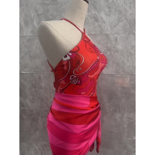 Halter Neck Printed One Piece Swimsuit Scarf Set