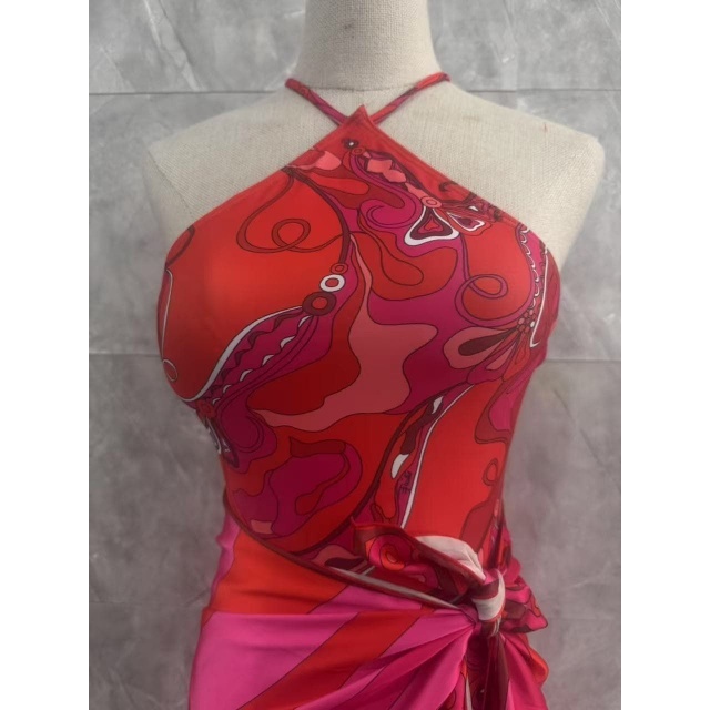 Halter Neck Printed One Piece Swimsuit Scarf Set