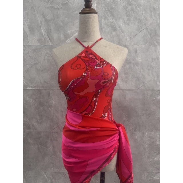 Halter Neck Printed One Piece Swimsuit Scarf Set