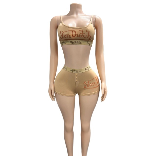 Letters Printed Tank Top Slim Fitted Short Set