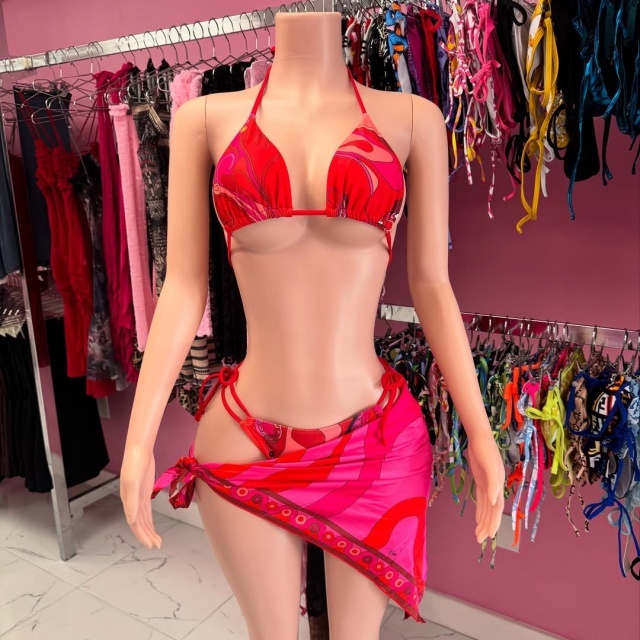 Red Printed Laced-up Beachwear Bikinis Set