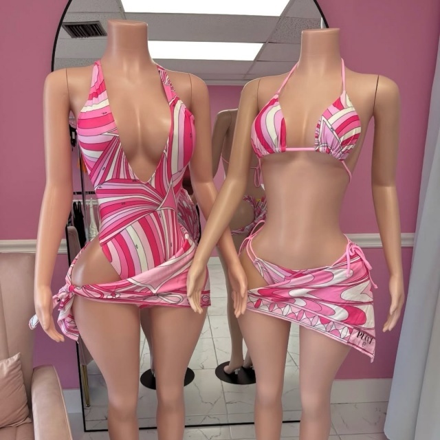 Pink Striped Printed Bikinis Scarf Set