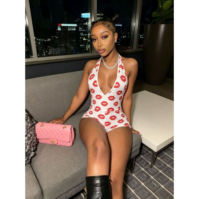 Red Lips Pattern Printed V Neck Halter Fitted Romper